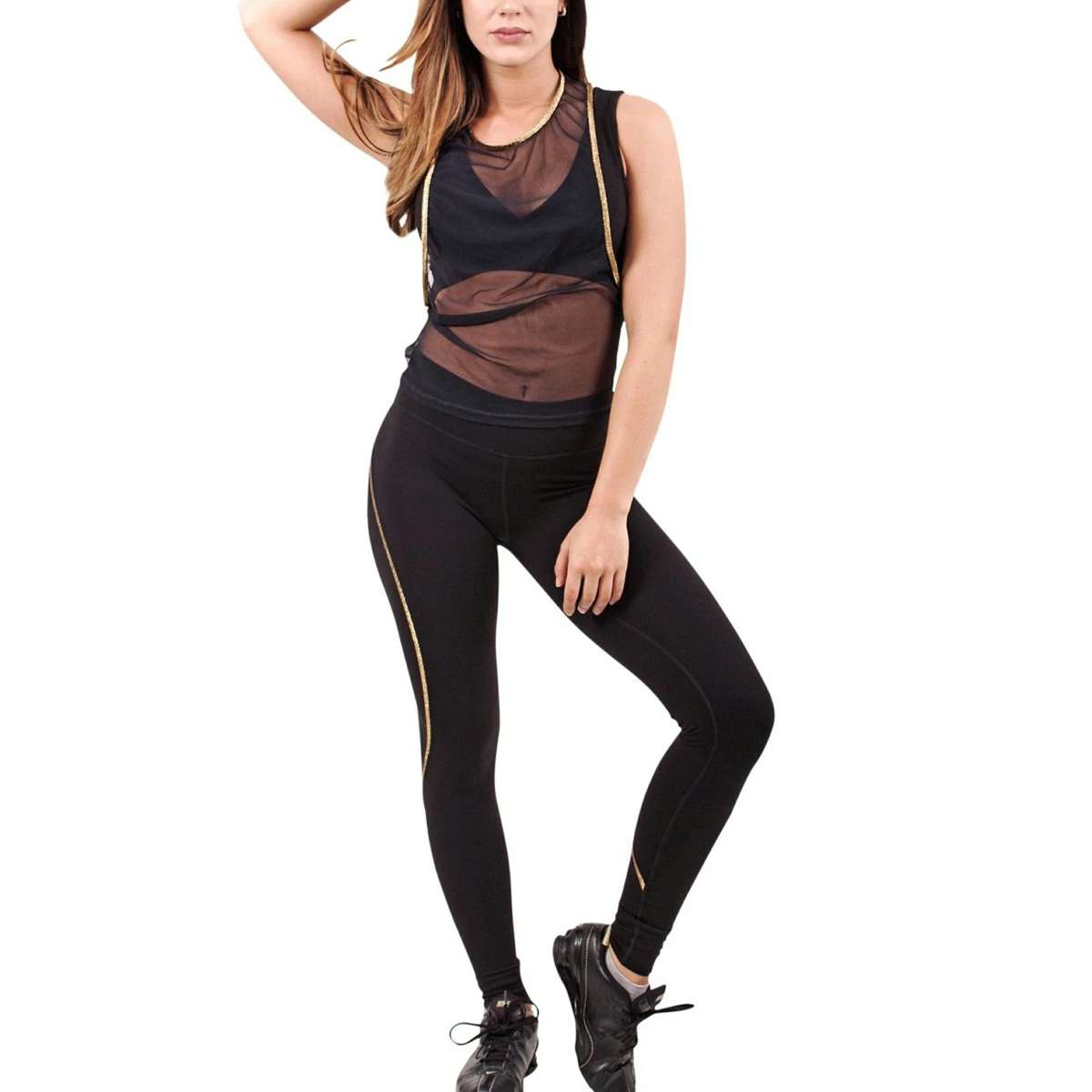 Black Full Length Leggings with Gold Side Piping