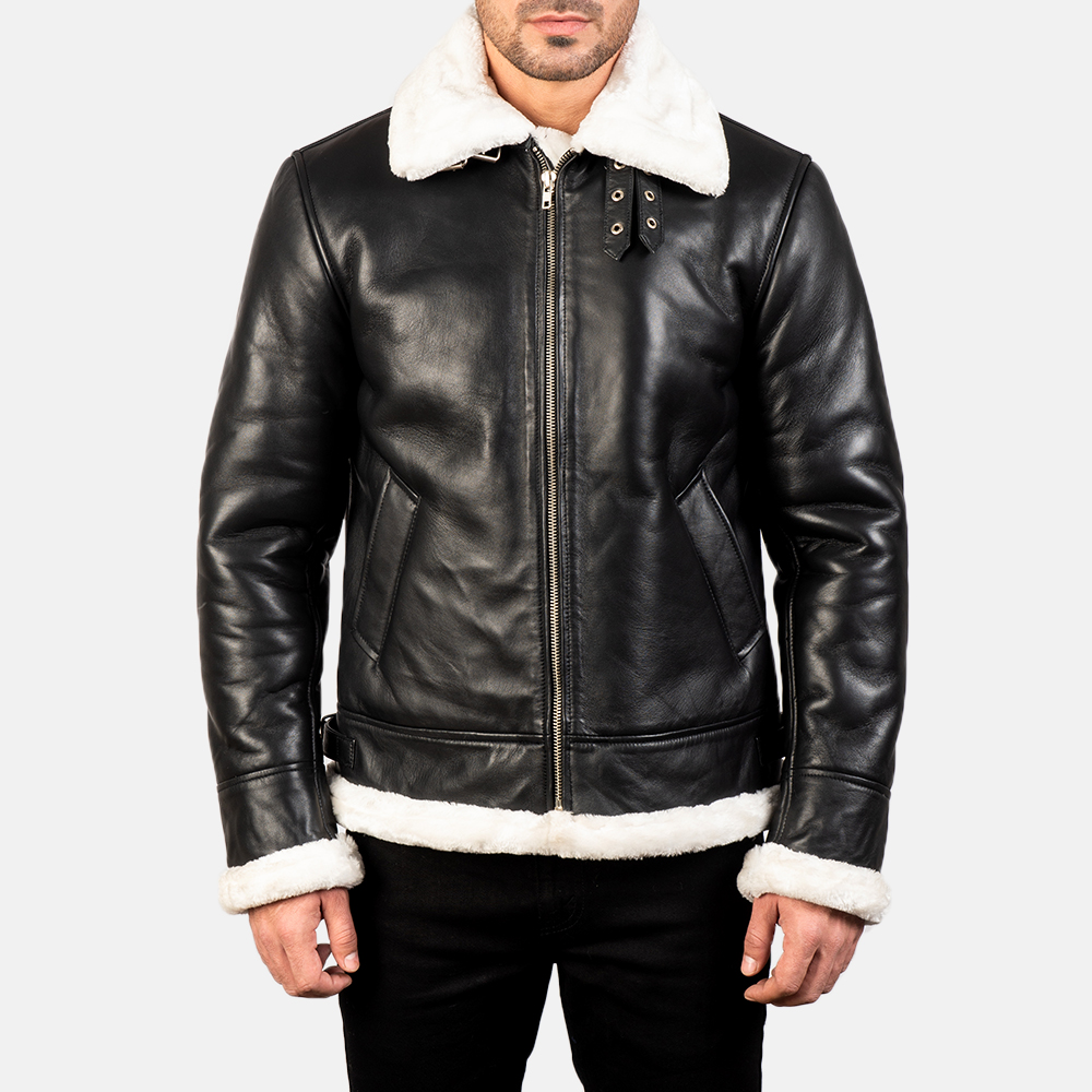 Black Shearling-Lined Leather Aviator Jacket