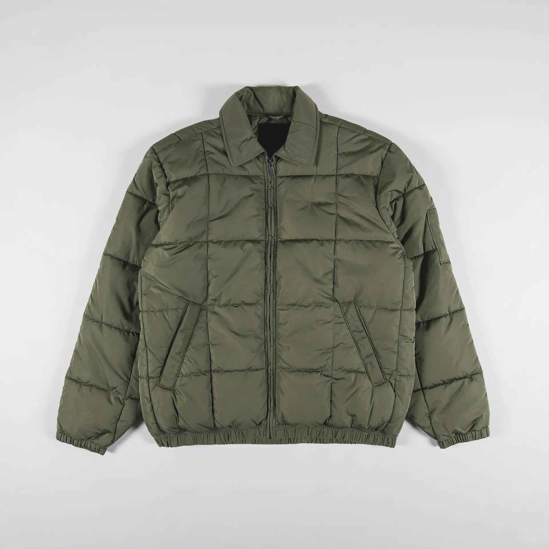 Olive Green Grid-Quilted Shirt-Collar Jacket