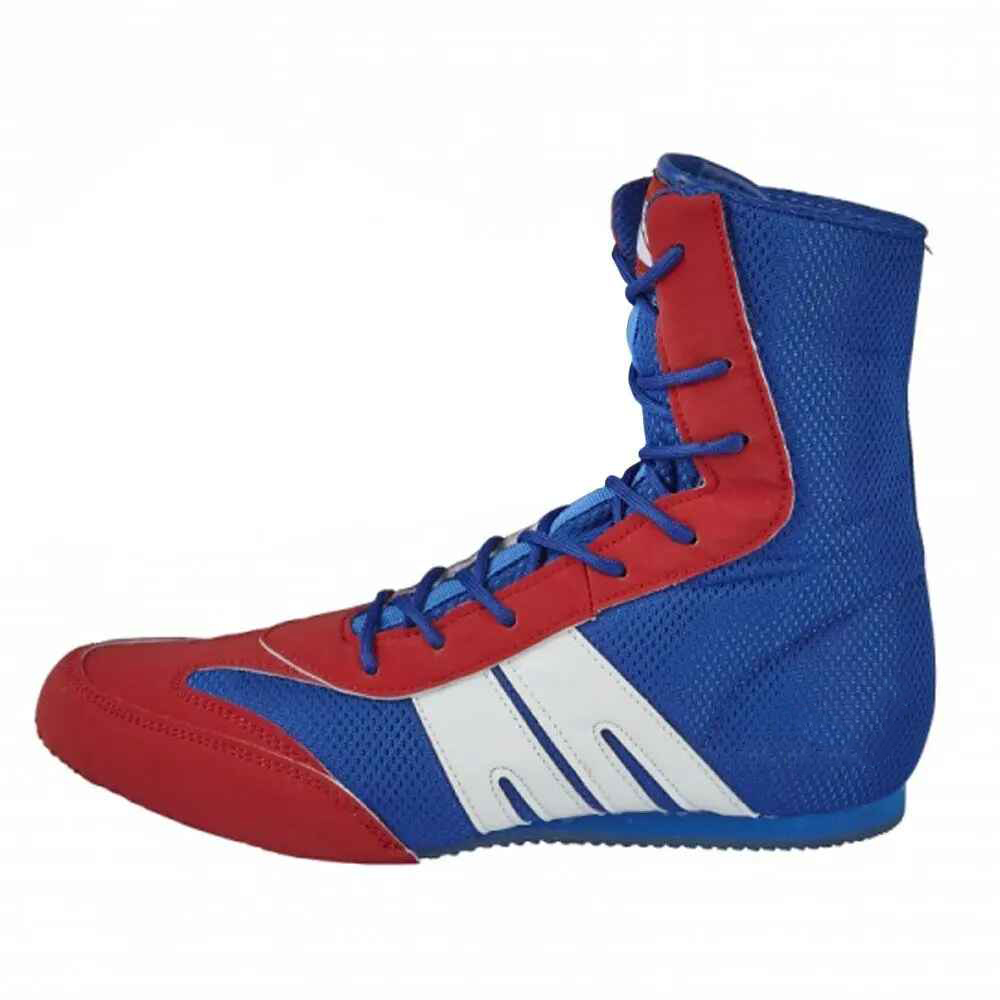 Red and Royal Blue Mesh High-Top Boxing Shoes with White Side Panels