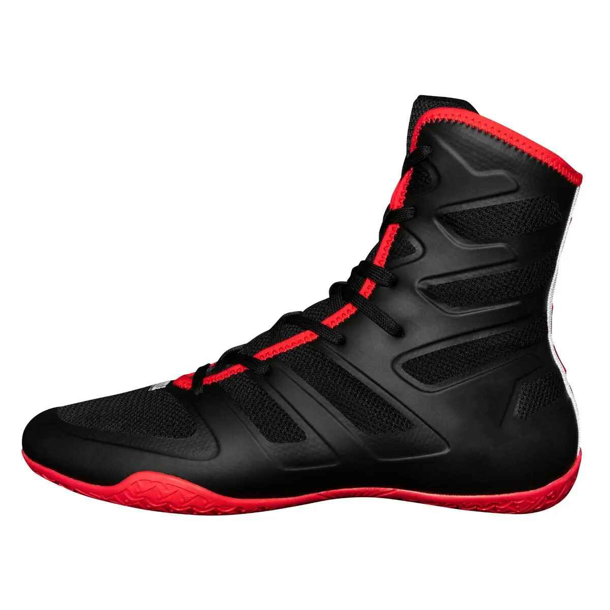 Black Mesh High-Top Boxing Shoes with Molded Overlays and Red Trim