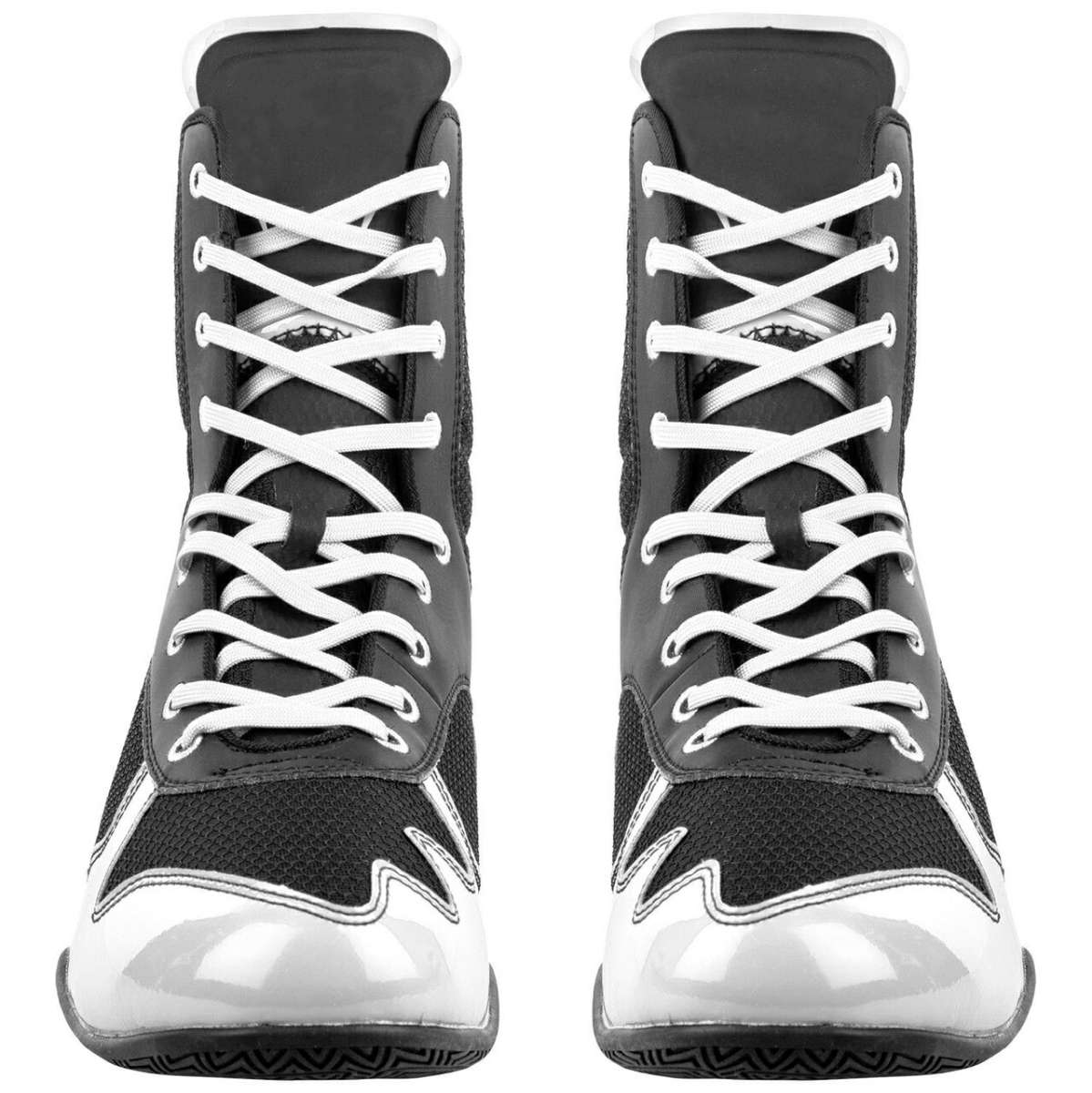 Black and White High-Top Boxing Shoes with Mesh Panels and Glossy Toe