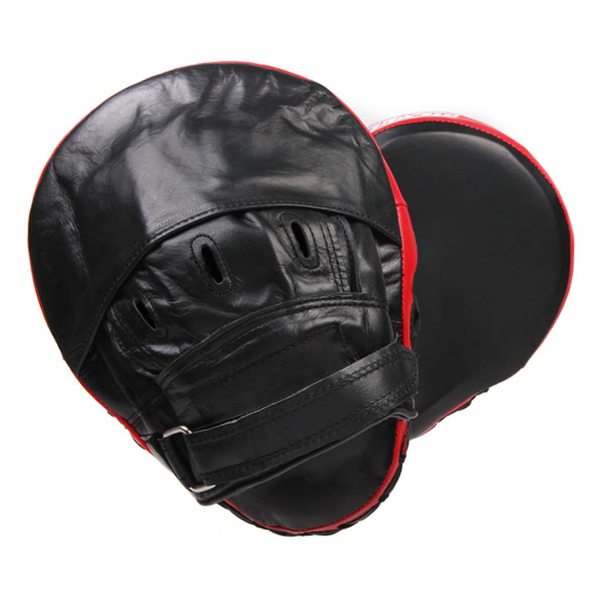 Black Round Focus Mitts with Red Edge Piping and Adjustable Wrist Straps