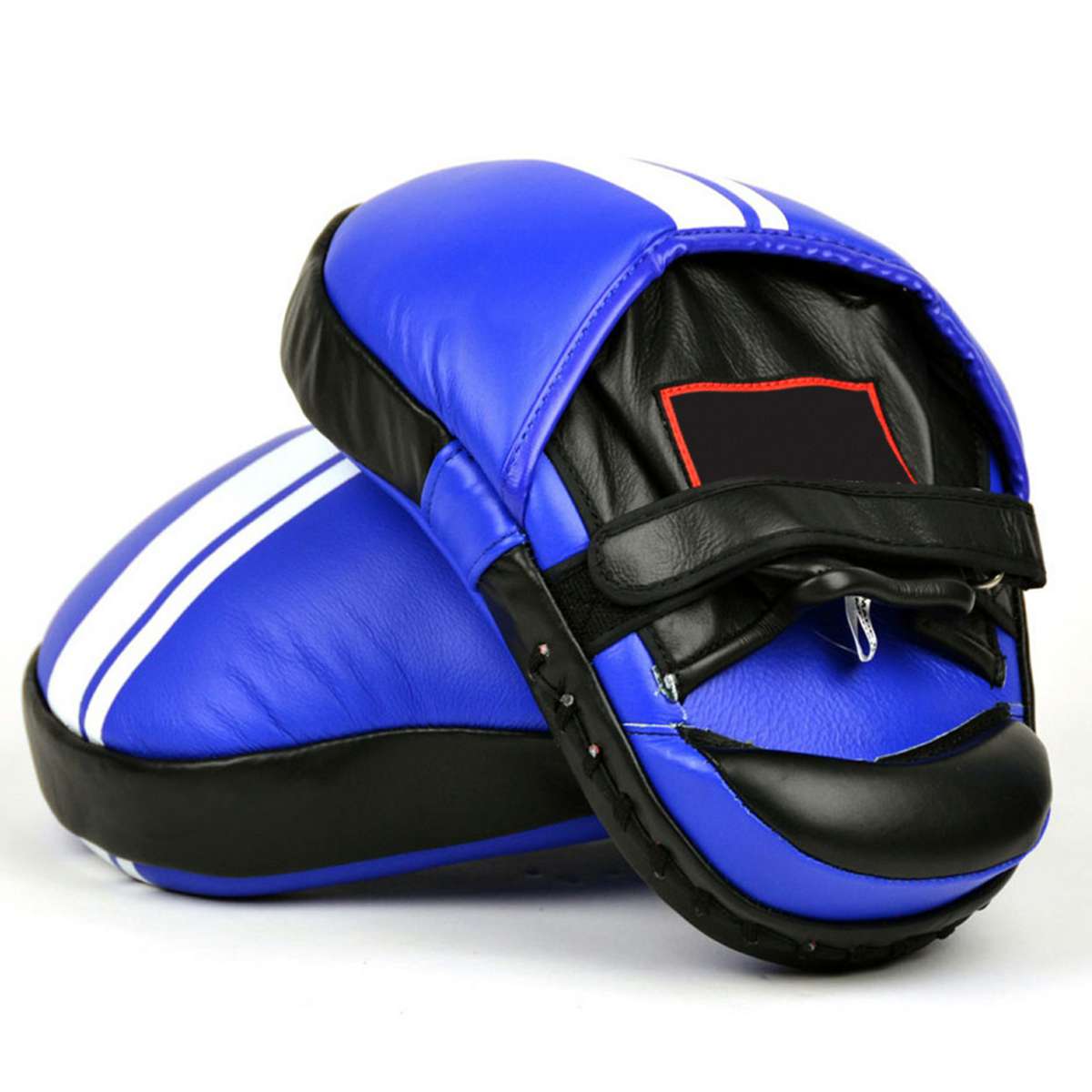 Blue and Black Focus Mitts with White Stripes, Finger Hoods and Wrist Straps