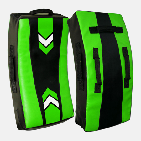 Neon Green and Black Curved Kick Shield with White Chevron Graphics and Multiple Grip Handles