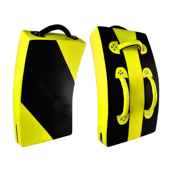 Neon Yellow and Black Curved Kick Shield with Angular Strike Panel and Multiple Grip Handles