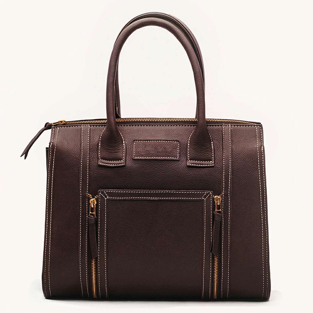Dark Brown Structured Tote with Front Zip Pocket