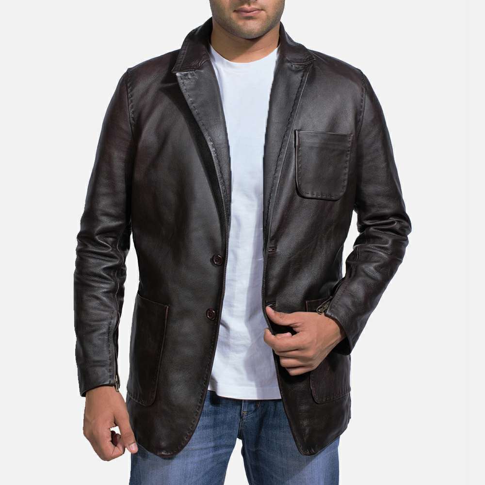 Distressed Dark Brown Leather Two-Button Sport Coat with Patch Pockets