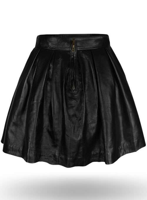 Black Pleated Flared Leather Skirt with Exposed Front Zip